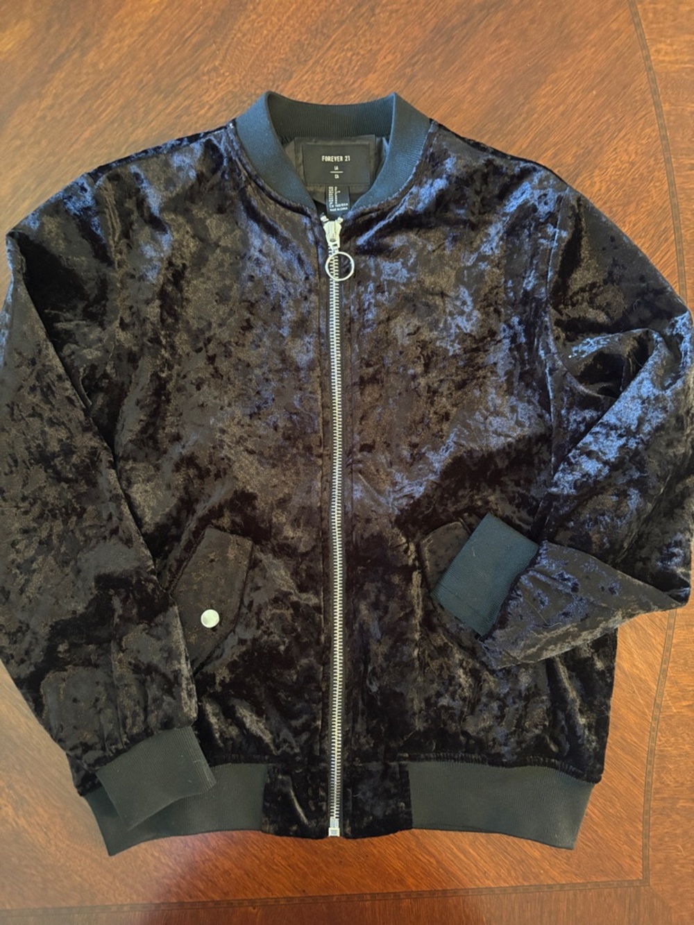 Forever 21 Black Crushed Velvet Bomber Jacket with Ring-Zip